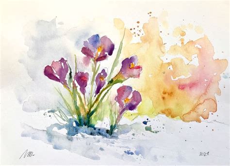 Watercolor Painting Of Purple Flowers In The Snow