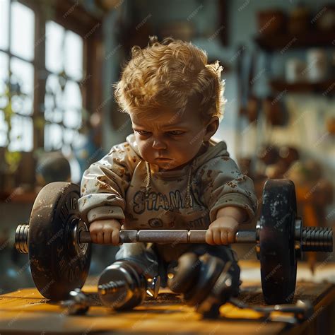 Premium Photo | Determined Young Boy trying to lift Heavy weights