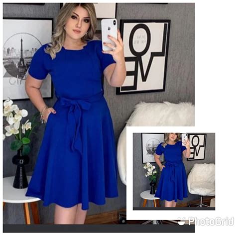 VESTIDO PLUS SIZE EVANGÉLICO MIDI AZUL CINTO E MANGA BUFANTE