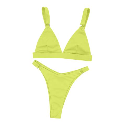Women S Ribbed Bikini Set O Ring Solid Color Bikini Swimsuit Cheeky
