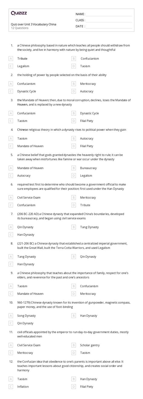 Ponad Dynastia Han Arkuszy Roboczych Dla Klasa W Quizizz