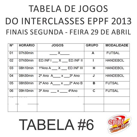 Escola Professor Paulo Freire Tabela De Jogos Interclasses Eppf