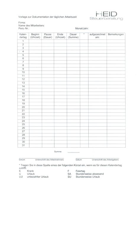 Vorlage zur Dokumentation der täglichen Arbeitszeit Heid Steuerberatung