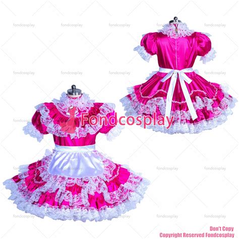 Fondcosplay Adult Sexy Cross Dressing Sissy Maid Short French Hot Pink Satin White Apron