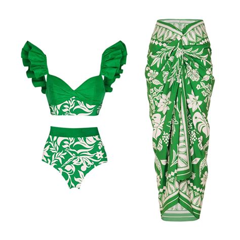 Women Beach Outfit High Waist Bikini Set With Skirt Cover Up Sexy Green Floral Two Piece