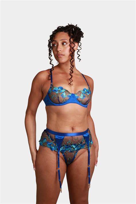 Floral Embroidery Blue Satin Lingerie Set Bridal Boudoir Etsy Uk
