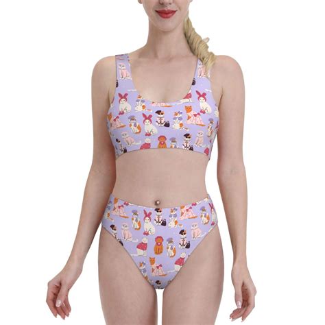 Logiee Fashionable Cats Print Women S Piece Bikini Set Halter Bathing Suit High Waisted Bikini