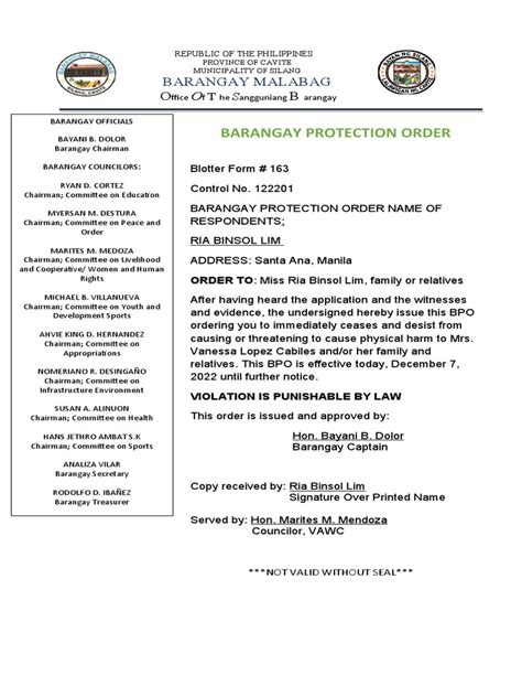 Bpo Barangay Protection Order Pdf Philippines