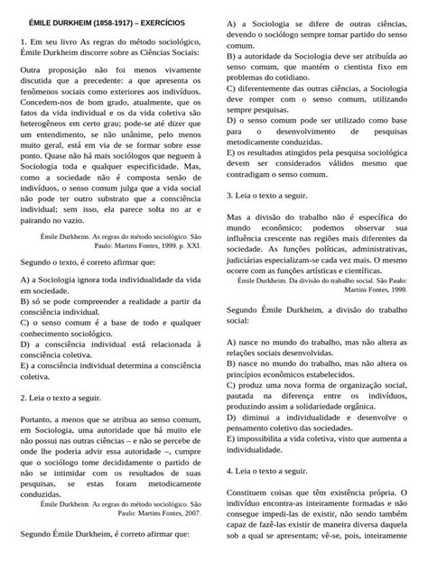 Emile Durkheim Exercícios - Exercícios sobre Émile Durkheim e Sociologia | PDF | Sociologia | Émile ...