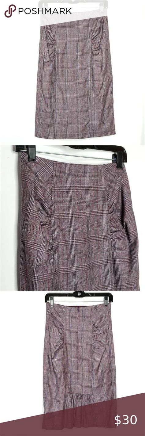 Nanette Lepore Purple Plaid Wool Blend Ruched Ruffle Pencil Midi Skirt Sz