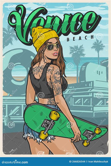 Hot Girl Skateboarder Poster Colorful Stock Vector Illustration Of Action Element 266826544
