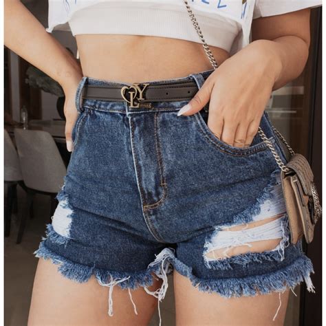 Shorts Jeans Feminino Cintura Alta Hot Pants Destroyed Moda Blogueira Desfiado Na Perna C S Alto