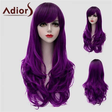 Attractive Long Side Bang Purple Fluffy Wavy Women S Synthetic Universal Wig Long Side Bangs