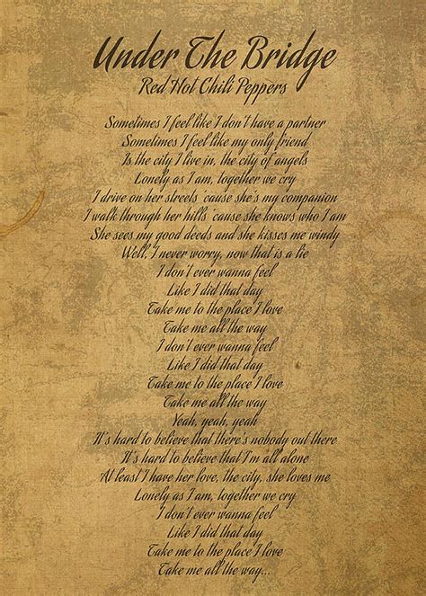 Under The Bridge By Red Hot Chili Peppers Vintage Song Lyrics On Parchment Digital Art By Amani