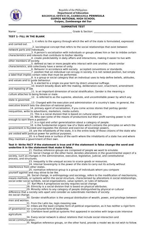 Summative Ucsp Fdgd Republic Of The Philippines Department Of