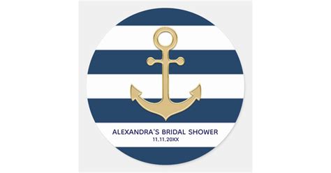 Nautical Navy Blue White Stripes Gold Anchor Classic Round Sticker Zazzle