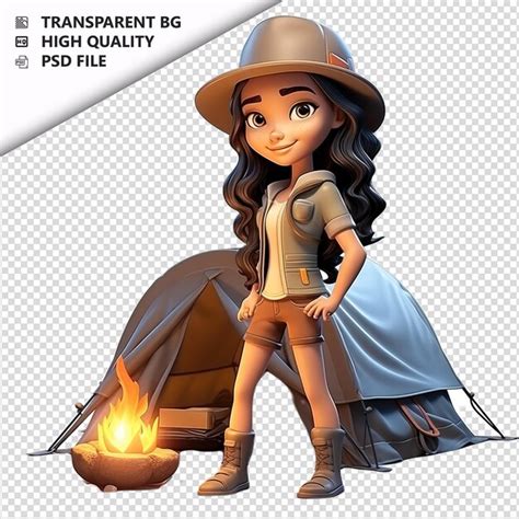 Mulher Latina Acampando D Estilo De Desenho Animado Fundo Branco Iso PSD Premium