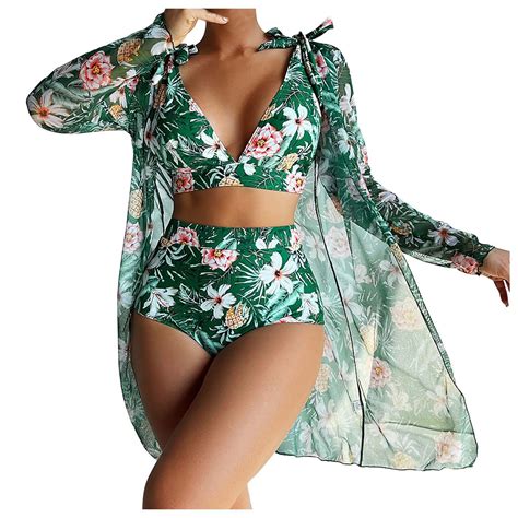 QIPOPIQ Bikinis For Women With Bikini Cover Up Open Front Printed Bikini Straps Bikini Deep V