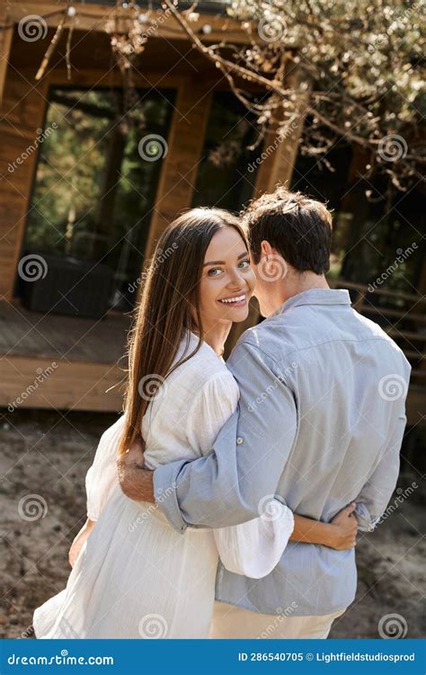 Smiling Brunette Woman In Sundress Hugging Stock Image Image Of Smiling Positive