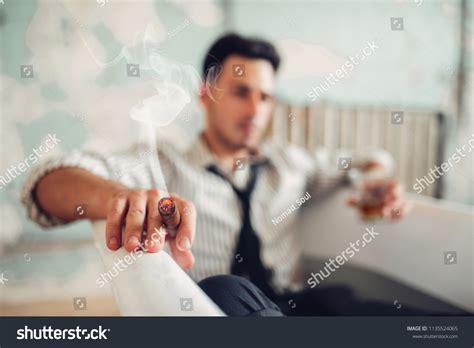 Businessman Smoke Cigar Bathtub Suicide Man Stock Photo