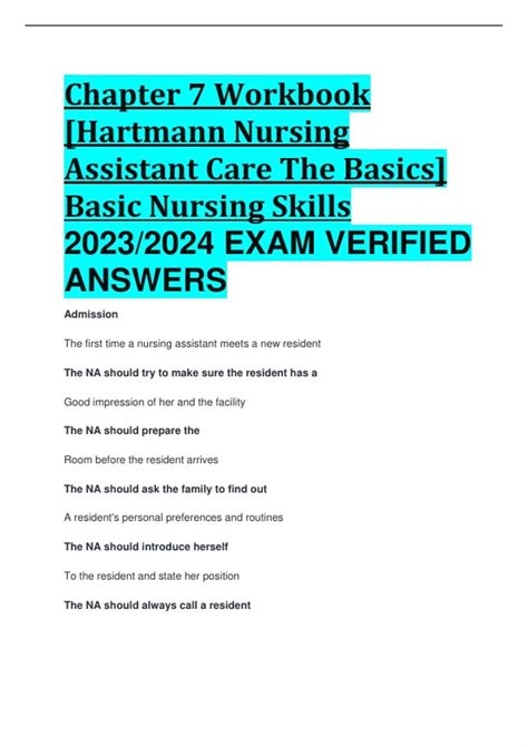 Chapter 7 Workbook [Hartmann Nursing Assistant Care The Basics] Basic