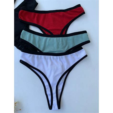 Kit Calcinhas Fio Dental Canelada de Malha de algodão Não Marca Lingerie Feminina Moda