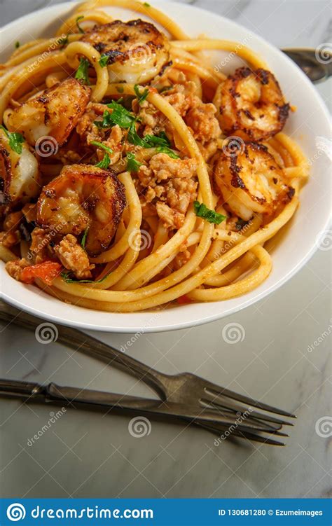 Bolognese Bucatini Grilled Shrimp Stock Photo Image Of Marble Crumbs