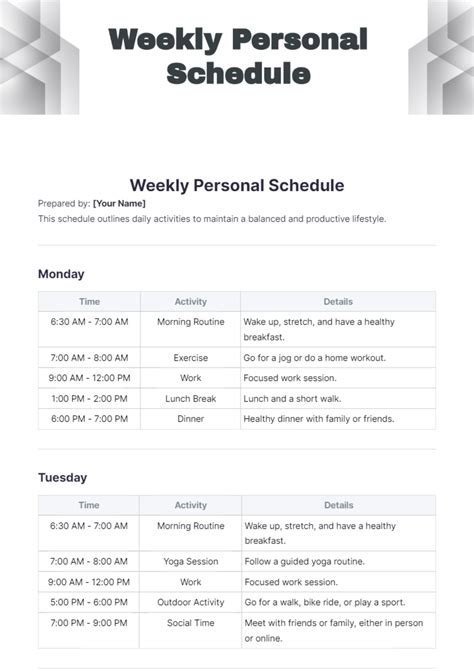 Free Weekly Personal Schedule Template to Edit Online