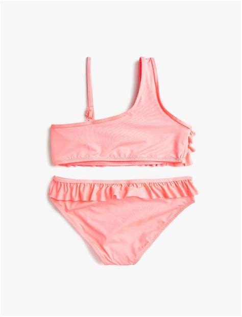 Pembe Kız Çocuk Bikini Takımı Fırfırlı Tek Omuz Asimetrik Kesim 1YKS86244GM Koton