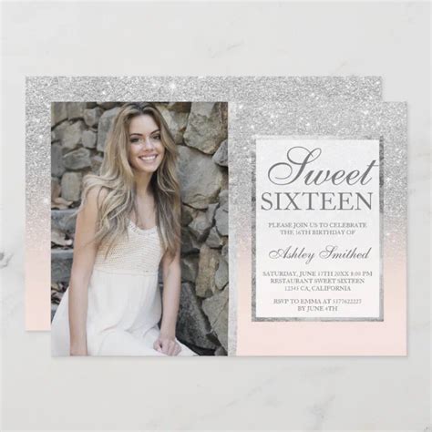 Silver Glitter Blush Ombre Photo Sweet Invitation Zazzle