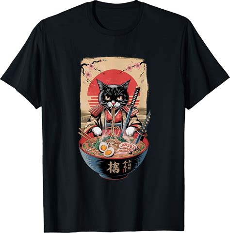 Hot Trending Cat Ramen Japanese Funny Graphic Kawaii Samurai Cat Anime T Shirt Vintage Tee