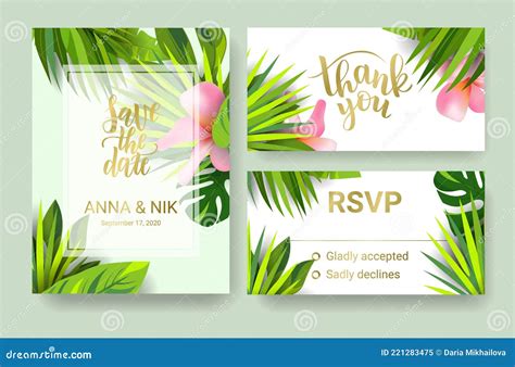 Save The Date Hand Lettering Postcard Set With Tropical Leaves Wedding