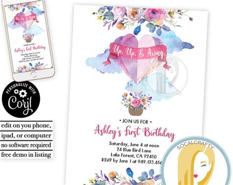 Editable Hot Air Balloon Invitation Hot Air Balloon Birthday Party Invite Watercolor Floral