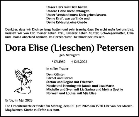 Traueranzeigen Von Dora Elise Lieschen Petersen Sh Z Trauer