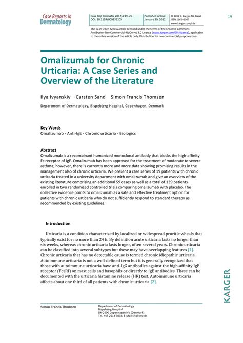 PDF Omalizumab For Chronic Urticaria A Case Series And Overview Of