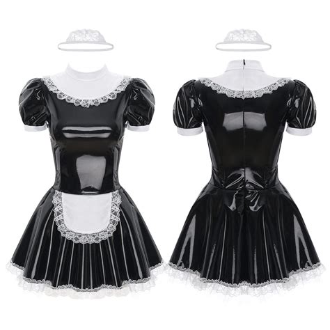 Women S French Maid Cosplay Costume Outfits Shiny Pvc Leather Dress And