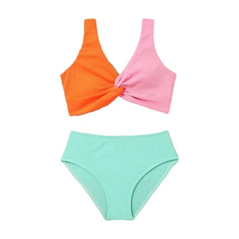 Hicidod Girls Bathing Suits Bikini Set Piece Color Block Criss Cross Cute V Neck Summer Beach