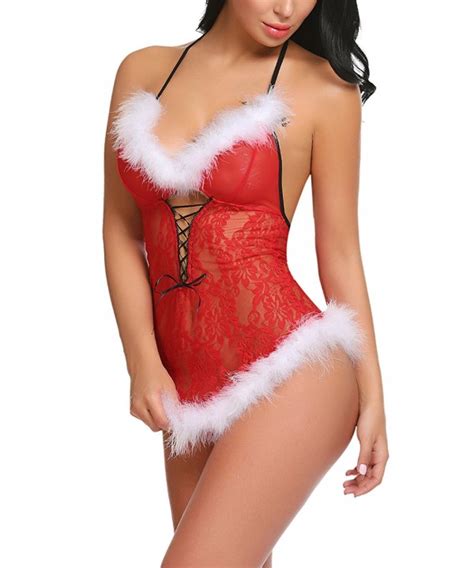 Womens Christmas Lingerie Santa Dress Red Babydolls Lace Chemise Red CW187Q6QHD9