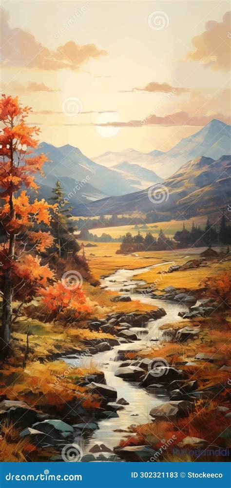 Vibrant Realism Autumn In A Serene River Valley Stock Illustration