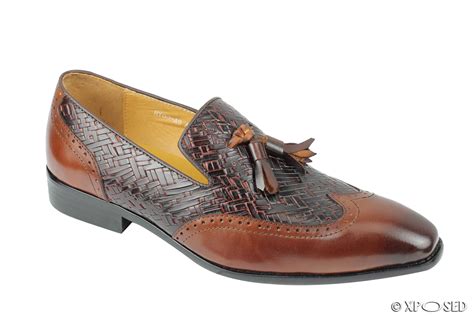 Mens Brown Real Leather Tassel Loafers Smart Wingtip Brogue Slip On