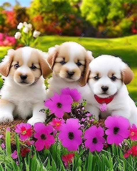 Premium Photo | A group of cute puppy dogs together with flowers