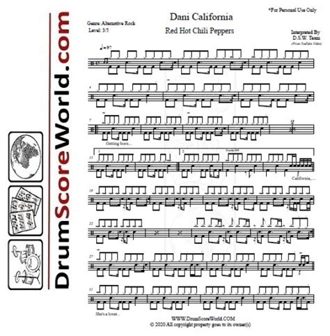 Red Hot Chili Peppers Dani California Drum Sheet Drum Score Drum Note Drum