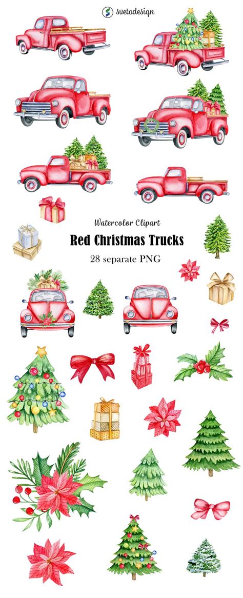 Red Christmas Trucks Watercolor Clipart Classic Cars Old Etsy