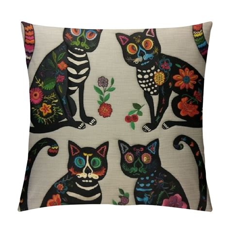 Aristuring Cat Pillow Case Sugar Skull Black Kitten Mexican Day Of The