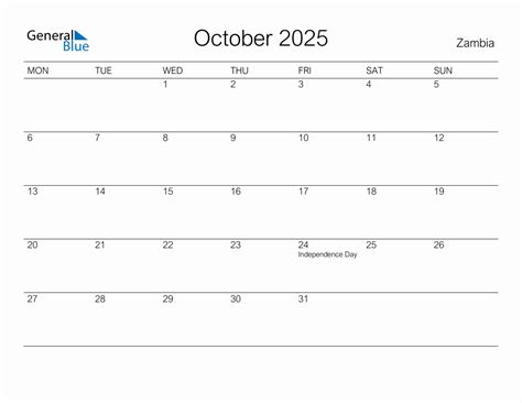 Printable October 2025 Monthly Calendar with Holidays for Zambia