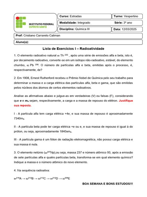 Exercícios Radioatividade - Exercícios sobre Radioatividade e Decaimento | PDF
