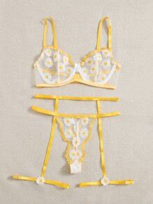 Floral Embroidered Mesh Garter Underwire Lingerie Set SHEIN