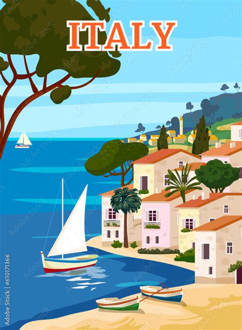 Italy Travel Poster, mediterranean romantic landscape, mountains ...