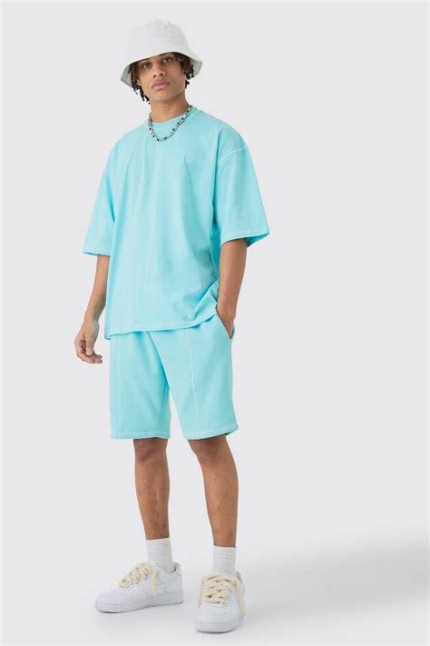 Oversized Contrast Stitch T Shirt And Short Set Boohoo Uk