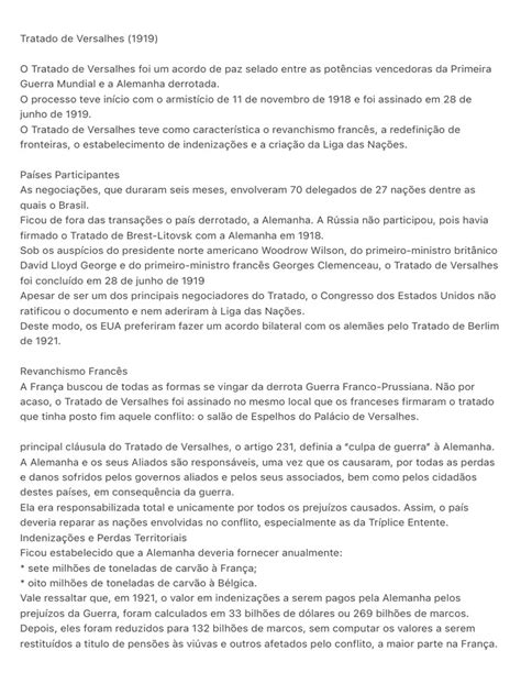 Tratado De Versalhes Resumo - Tratado de Versalhes: Resumo e Impactos | PDF | Tratado de Versalhes ...